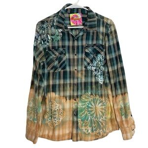 Handmade Floral Flannel Shirt Mens Size Medium Large Bleached Plaid Button Down